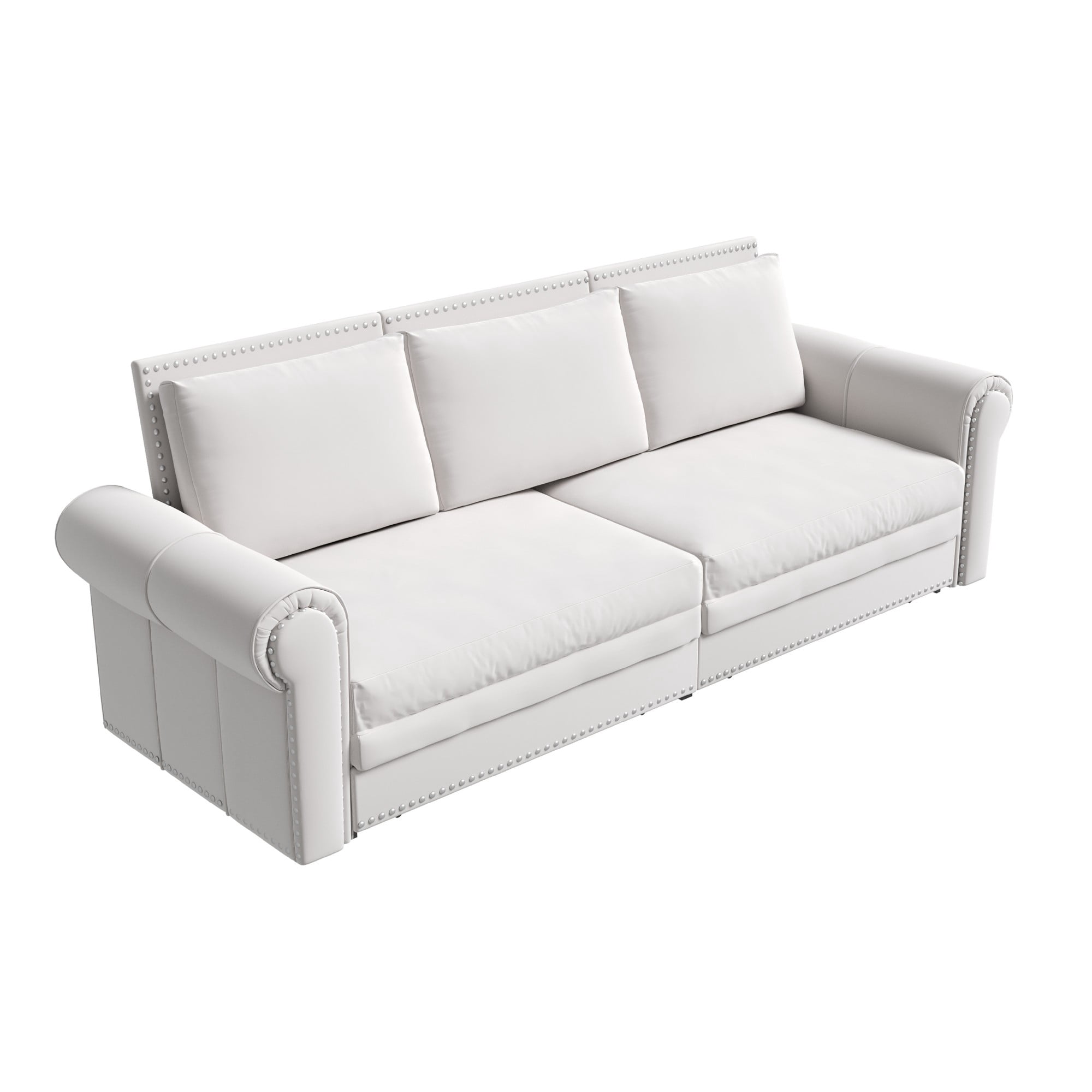 Aukfa 93.7" King Size Pull Out Sofa Bed, 3-in-1 Velvet Convertible Sleeper with Chaise Lounge, Nailhead Trim & Rolled Arms for Living Room, Bedroom, White