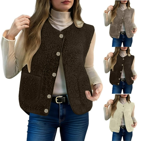 Dazajoo Womens Sherpa Vest Casual Warm Fuzzy Fleece Vest Sleeveless Jacket Winter Button Down Waistcoat with Pockets,White,L