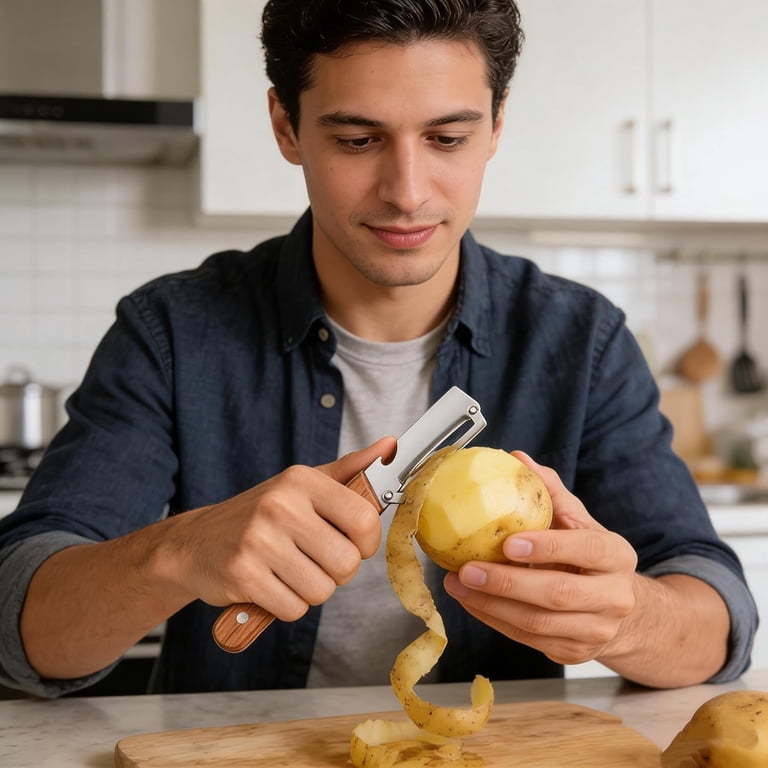 Utilira Julienne Peeler, Stainless Steel Peeler with Wooden Handle