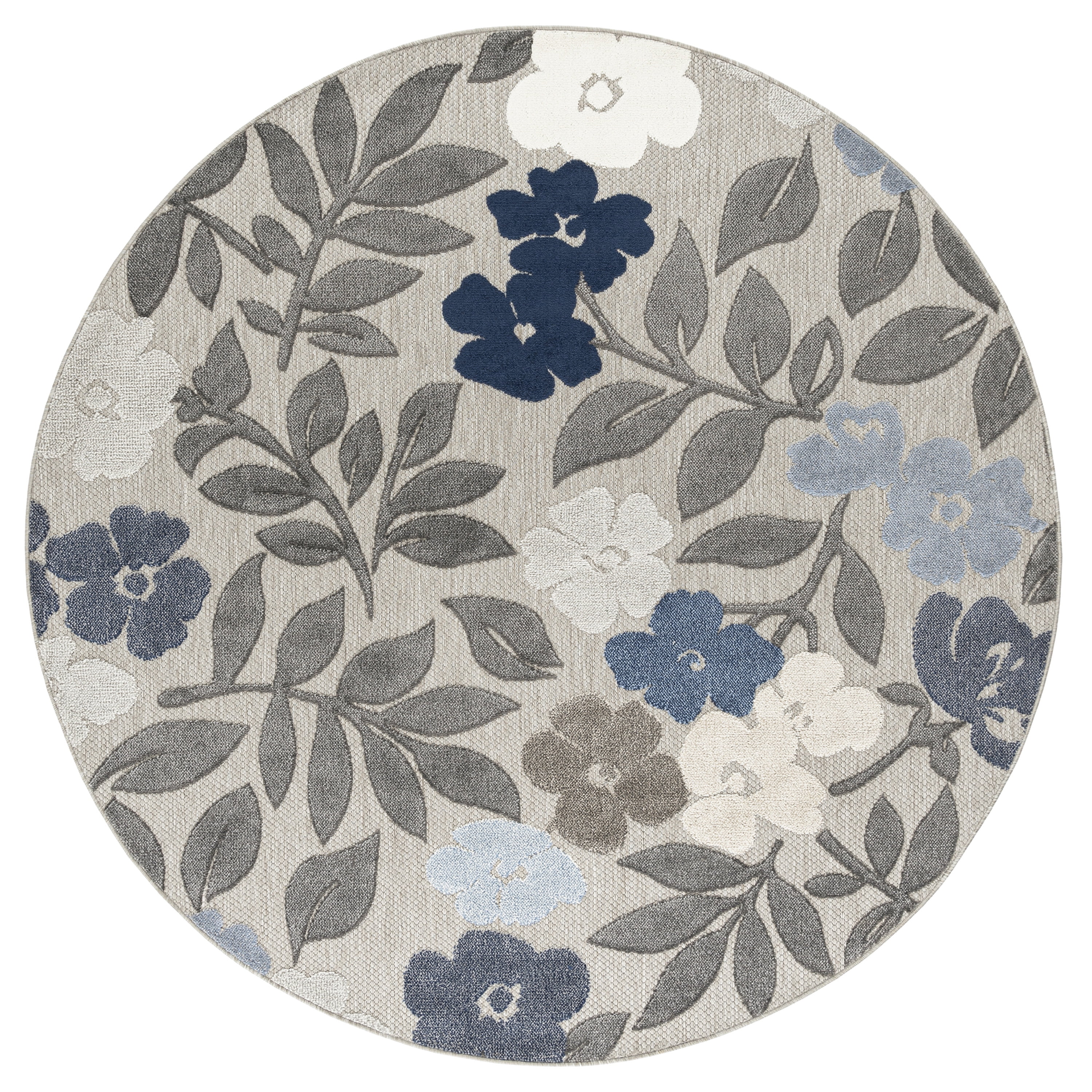 Oasis Modern Floral Blue and Cream Polypropylene Indoor Outdoor Area Rug, 5'x5' Round