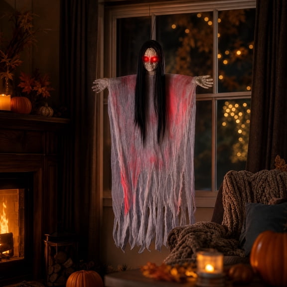 Halloween Hanging Ghost Girl Prop, 45.6 Inch Scary Woman Spirit Decoration with Glowing Red Eyes and Skeletal Hands, Spooky Haunted House Decor for Porch Tree Party