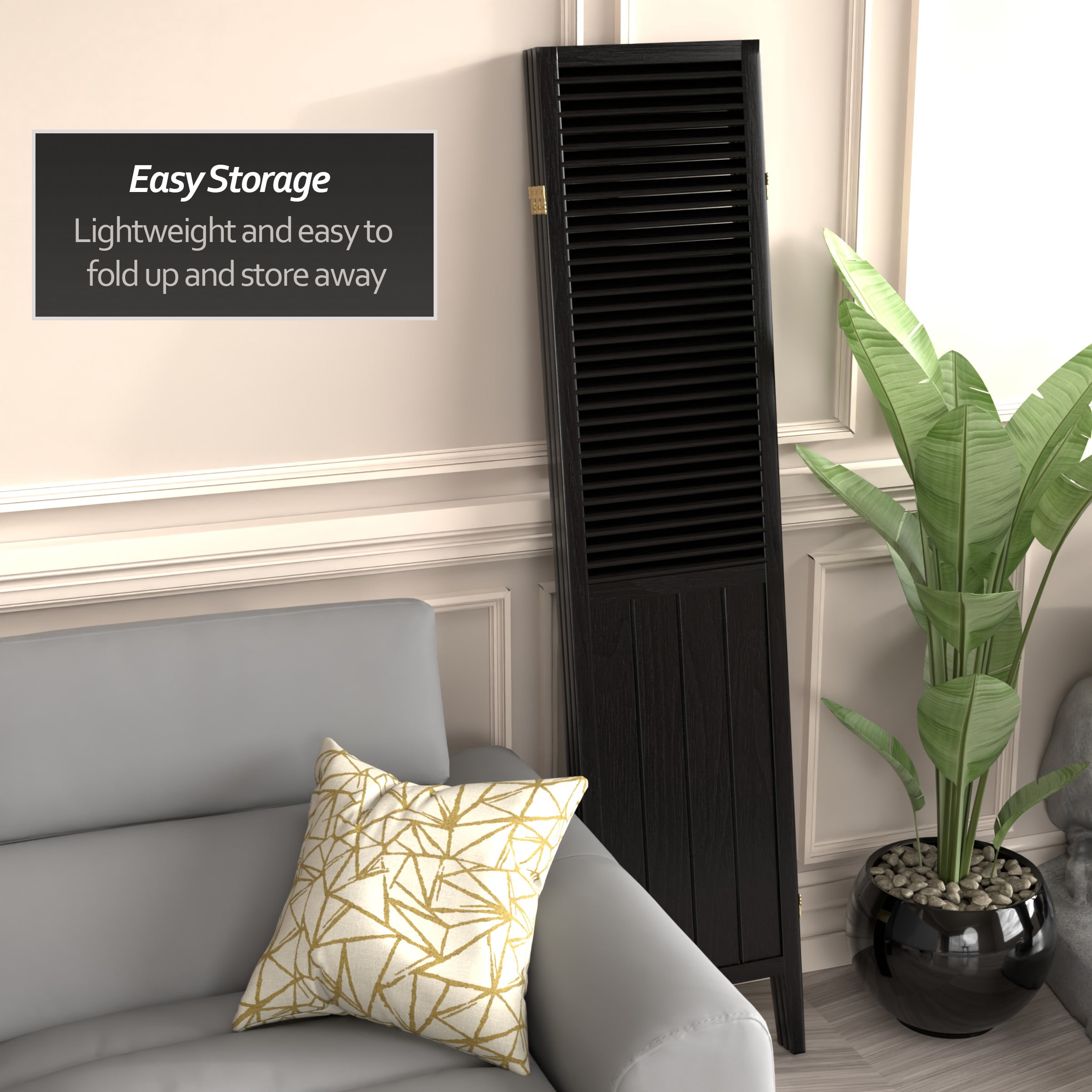 6 ft. Tall Beadboard Room Divider Panel Screen - Black - 3 Panels