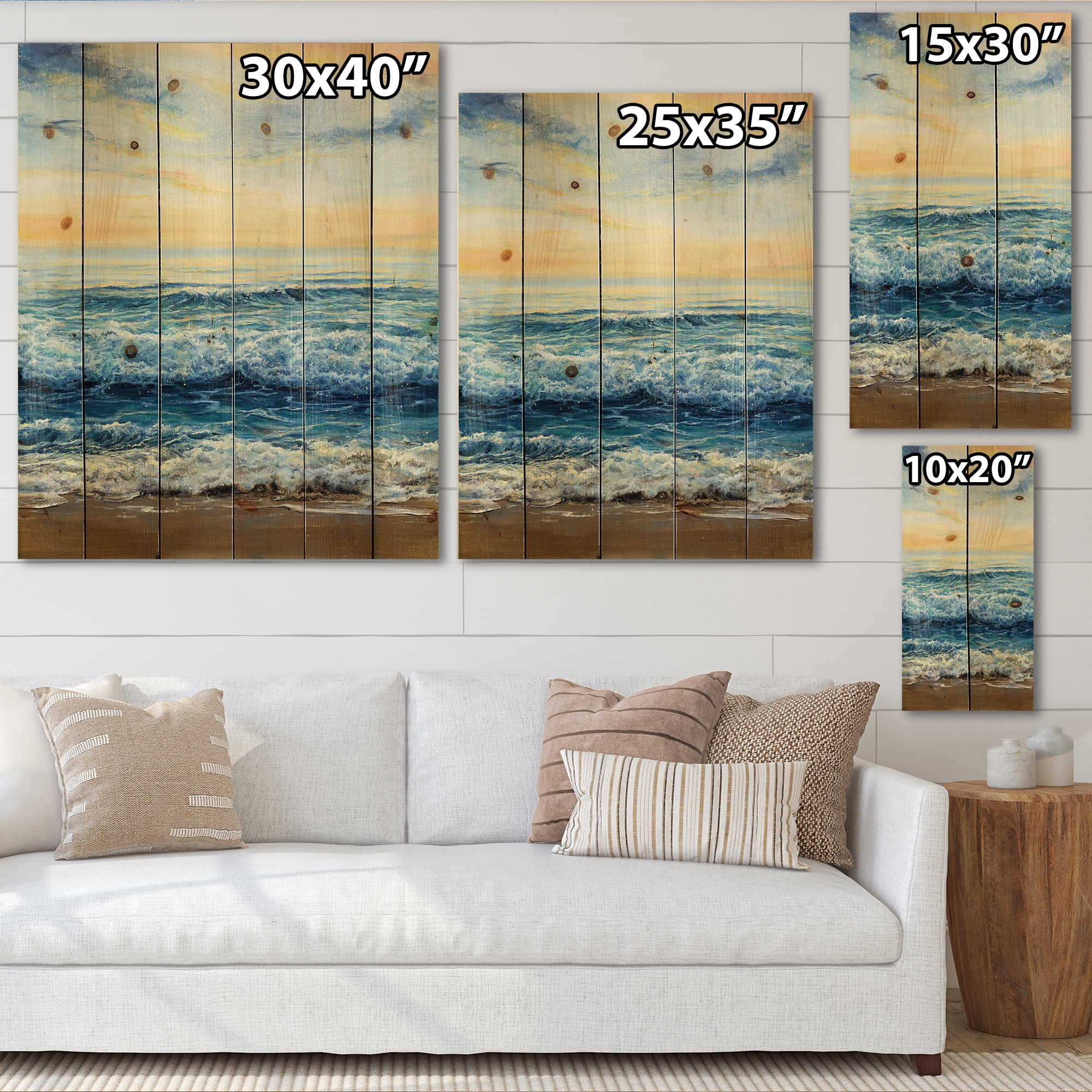 Designart 'Ocean Waves At Sunrise' Nautical & Coastal Print on Natural Pine Wood