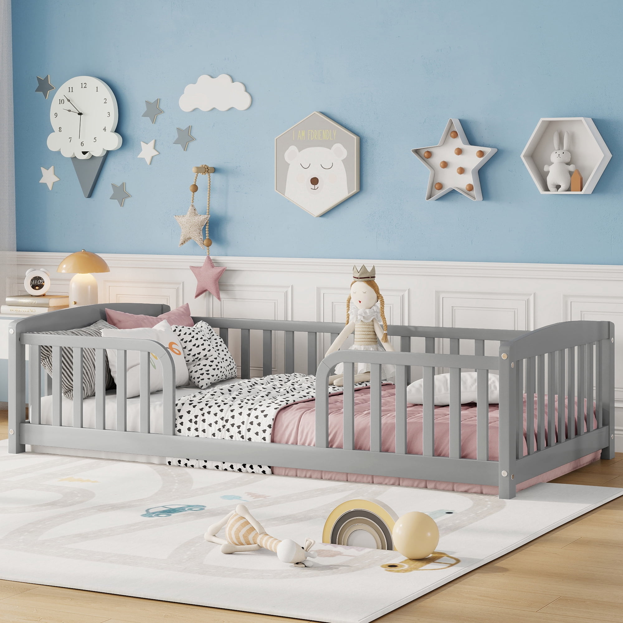Leumius Twin Size Floor Fence Bed with Central Entrance, Pine Wood Floor Bed with Guardrails for Boys Girls Grey