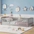 thumbnail image 3 of Leumius Twin Size Floor Fence Bed with Central Entrance, Pine Wood Floor Bed with Guardrails for Boys Girls Grey, 3 of 9