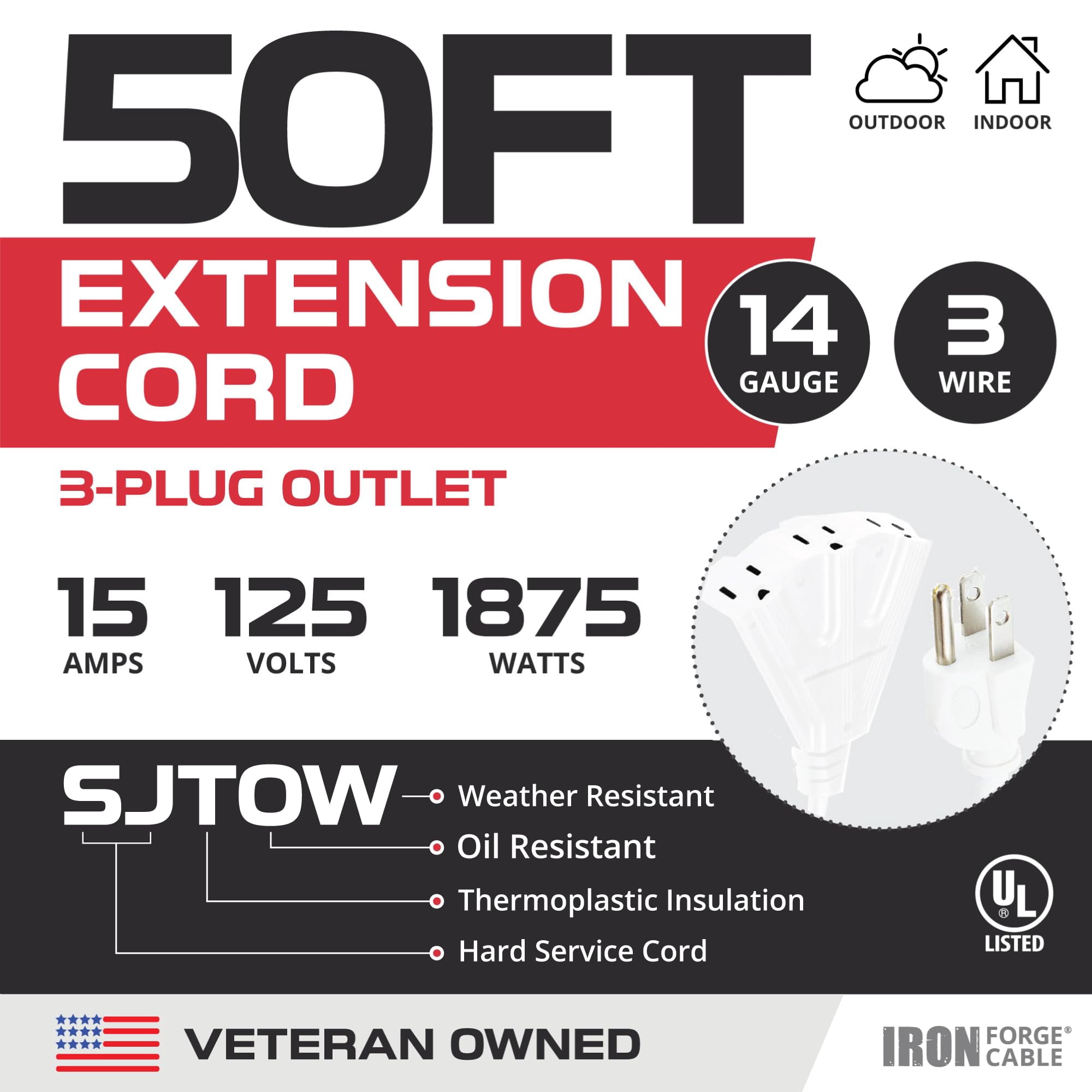 Iron Forge Cable 50ft White Outdoor Extension Cord with 3 Outlets - 14/3 SJTOW Oil Resistant 15 Amp 50ft Extension Cord 3 Prong - Multiple Outlets