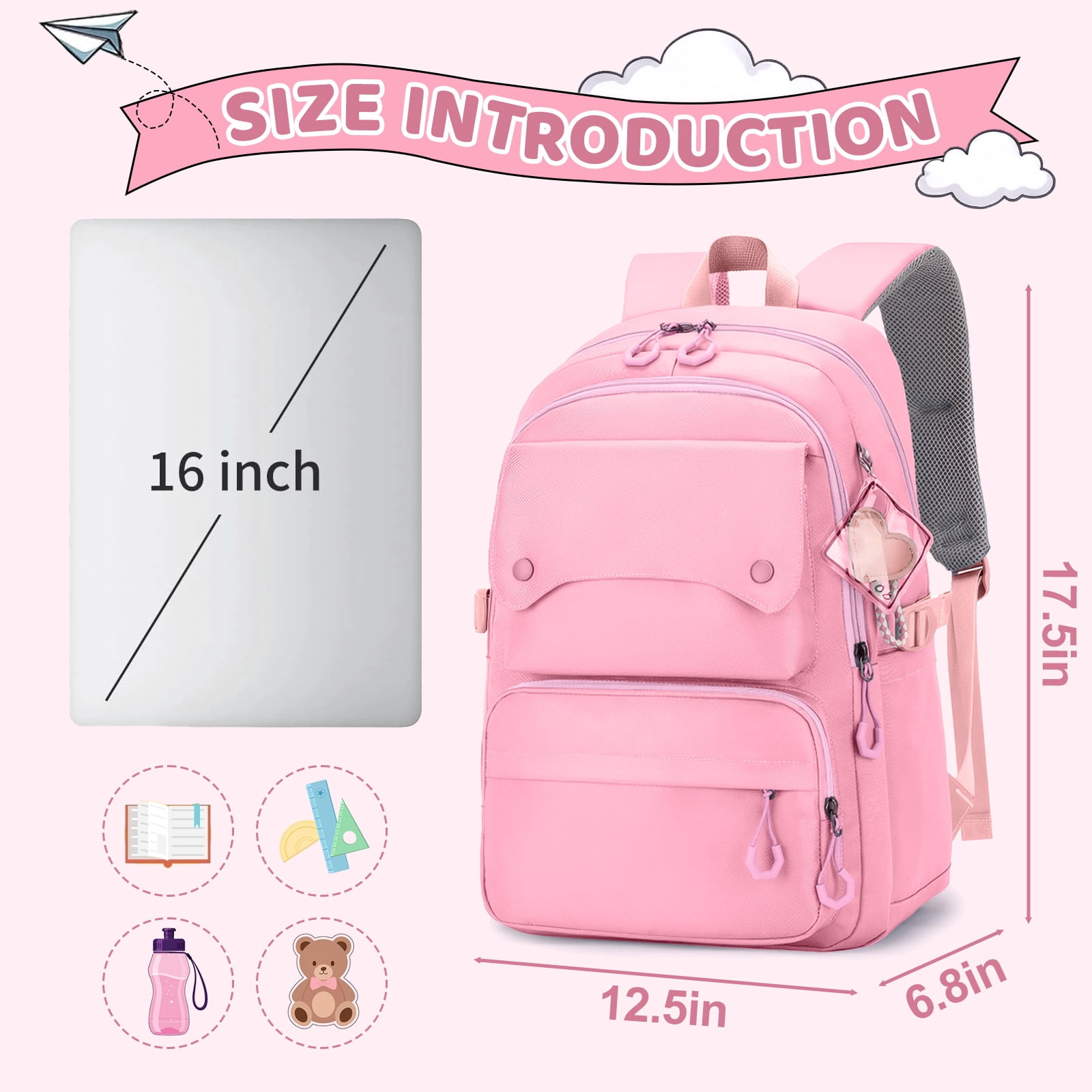 Inadays School Backpack, Large Capacity Bookbag for 15.6 Inch Laptop, Water-Resistant Cute Girlish Backpacks for Teen Adults Tween, Lightweight Travel Daypack for Primary Middle School College, Pink