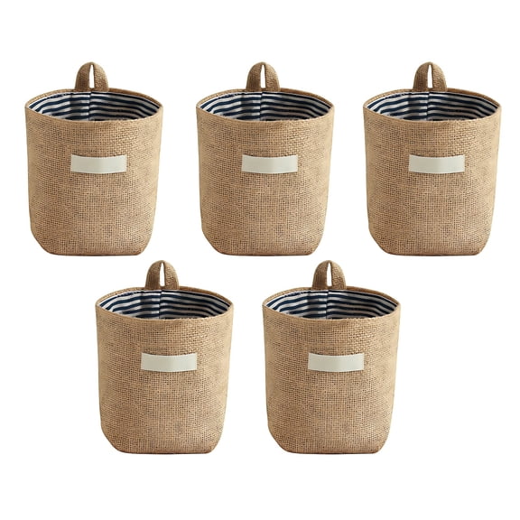 5 Pcs Wall Hanging Storage Bags, Jute Cotton Hanging Storage Bags with Blue Stripes, Double Layer Design Foldable Wall Hanging Basket for Bedroom Dorm Room Bedside