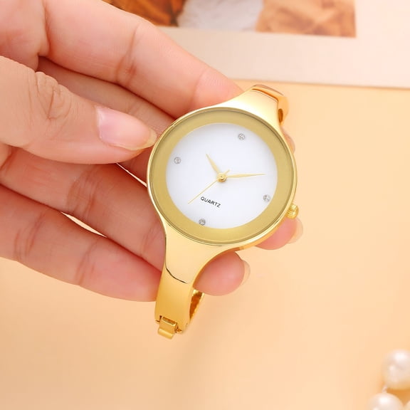 Women’s Golden Bangle Watch with White Dial Minimal Quartz Bangle Watch