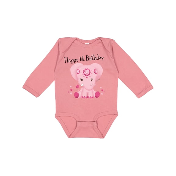 Inktastic Aditi 1st Birthday Elephant Pink Cute Boys or Girls Long Sleeve Baby Bodysuit