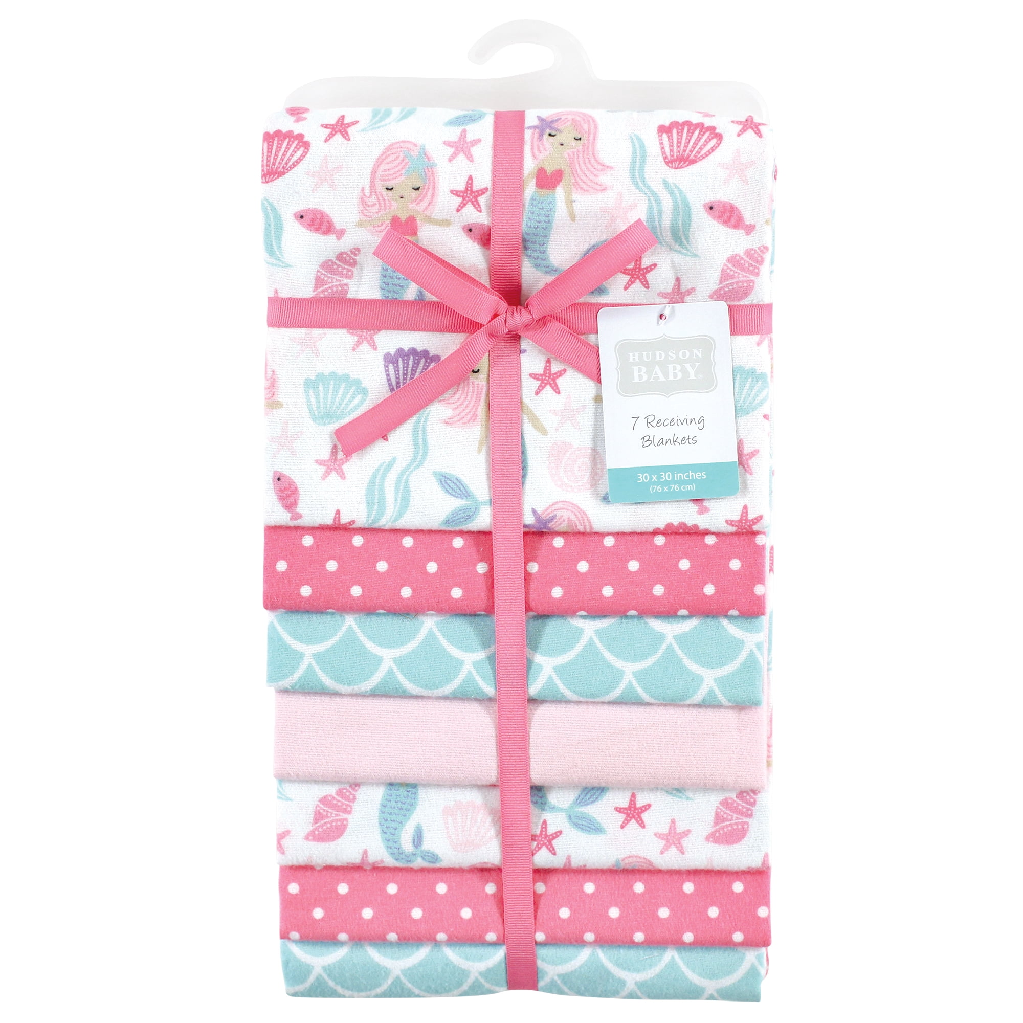 Little Treasure Hudson Baby Girls Cotton Poly Flannel Receiving Blankets 7-Pack, Pink Mermaid, 30x30 inches