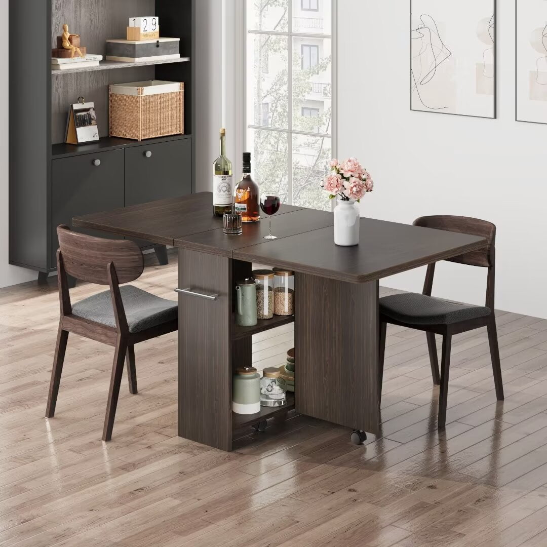 Folding Dining Table with Wheels and 2 Storage Racks, Space Saving Kitchen, Dining Room Table, 23.6"D x 47.2"W x 29.5"H