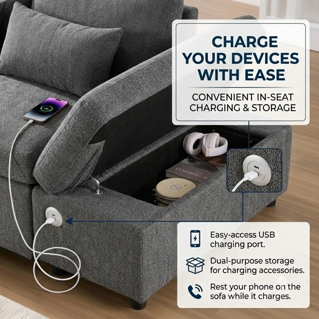 Howcool 107" Sleeper Sectional Sofa with Pull Out Bed, Modular L-Shaped 6-Seater Chenille Couch, Storage Chaise, Adjustable Armrests, USB & Type-C Charging for Living Room Apartment, Grey