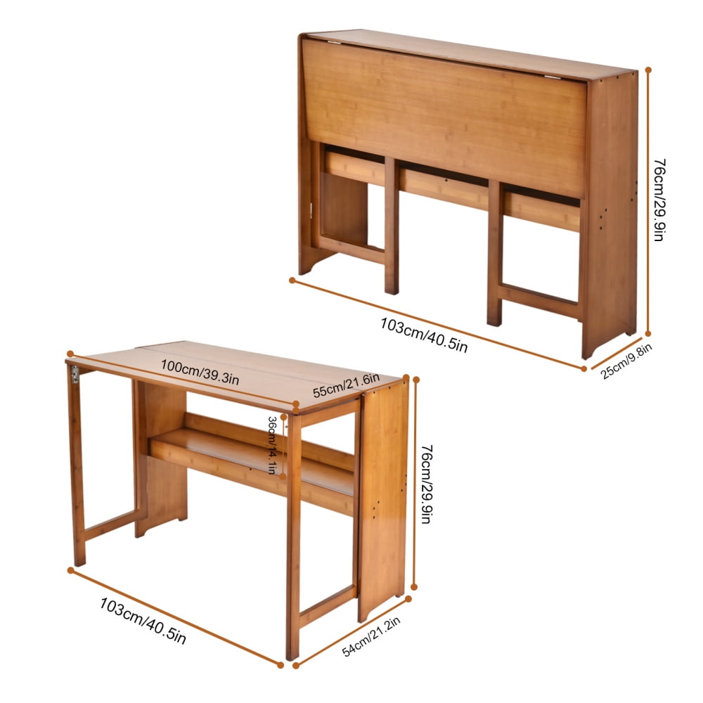 Bamboo Folding Desk, Space-Saving Workstation with Bookshelf for Home Office and Small Apartments (Brown)
