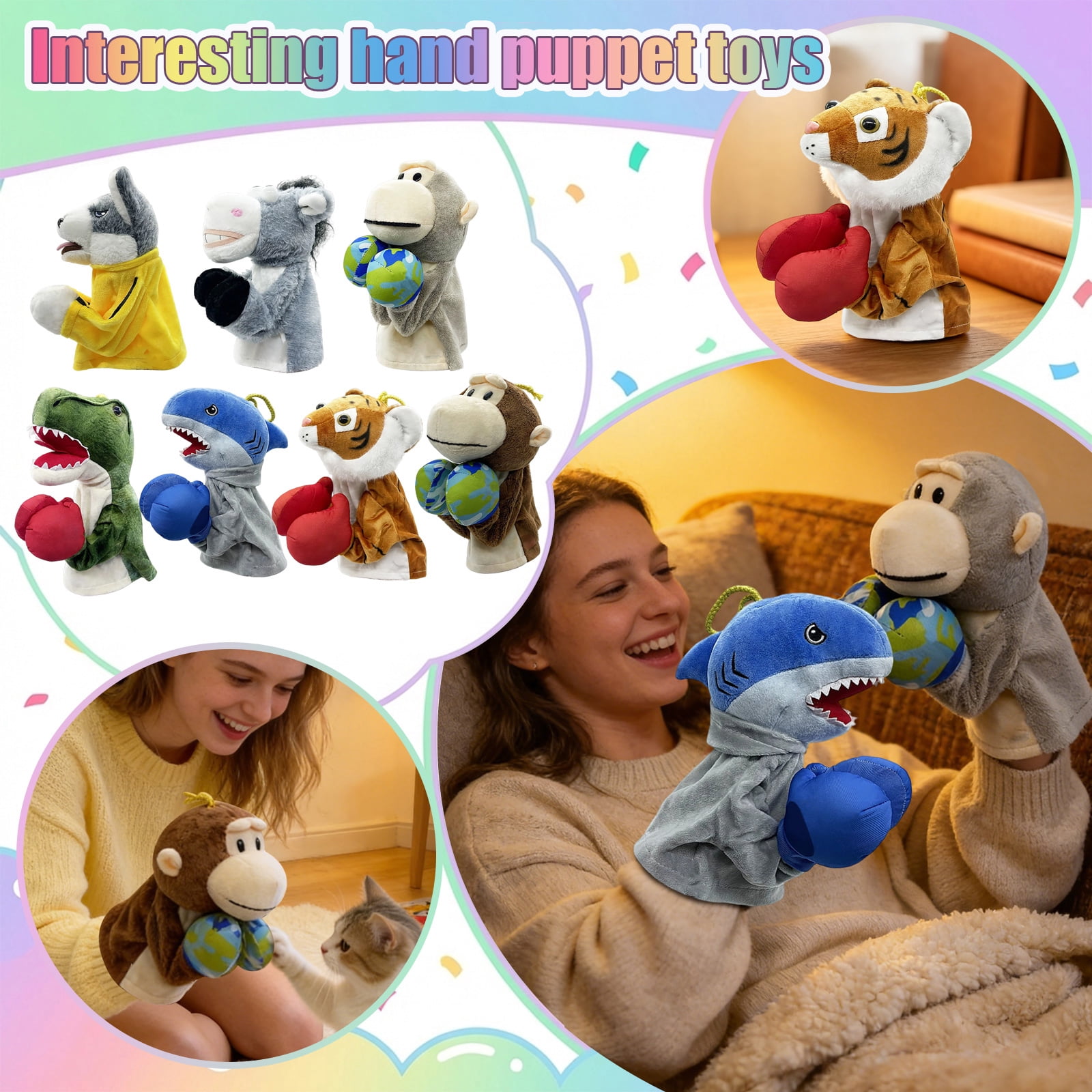 Kids Kung Fu Boxing Hand Puppet Plush Animal Hand Glove Punch Toy Interactive Role Play Puppet for Storytelling Party Game & Family Interaction
