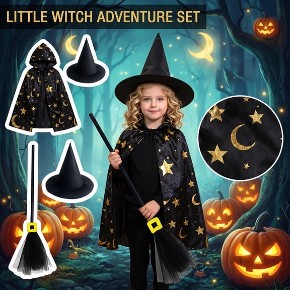 Halloween Hooded Witch Cape 3-Piece Clothing Bundle 30 Inch with Hat And Broom, Semi-Dull Polyester Supports Easy Movement, Halloween Festival Party Wear for Stage Shows Parades Photos