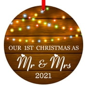 WaaHome  Our First Christmas as Mr & Mrs 2021, 3" Rustic 1st Married Newlyweds Keepsake Ornament,Double-Side Printed,Farmhouse Collectible Present
