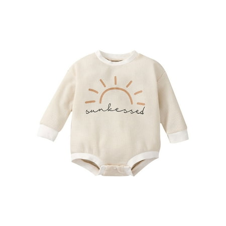 

Canrulo Baby Girl Boy Crewneck Sweatshirt Knit Long Sleeve Romper Rainbow Oversized Sweater Bodysuit Pullover Top Apricot Letter 12-18 Months