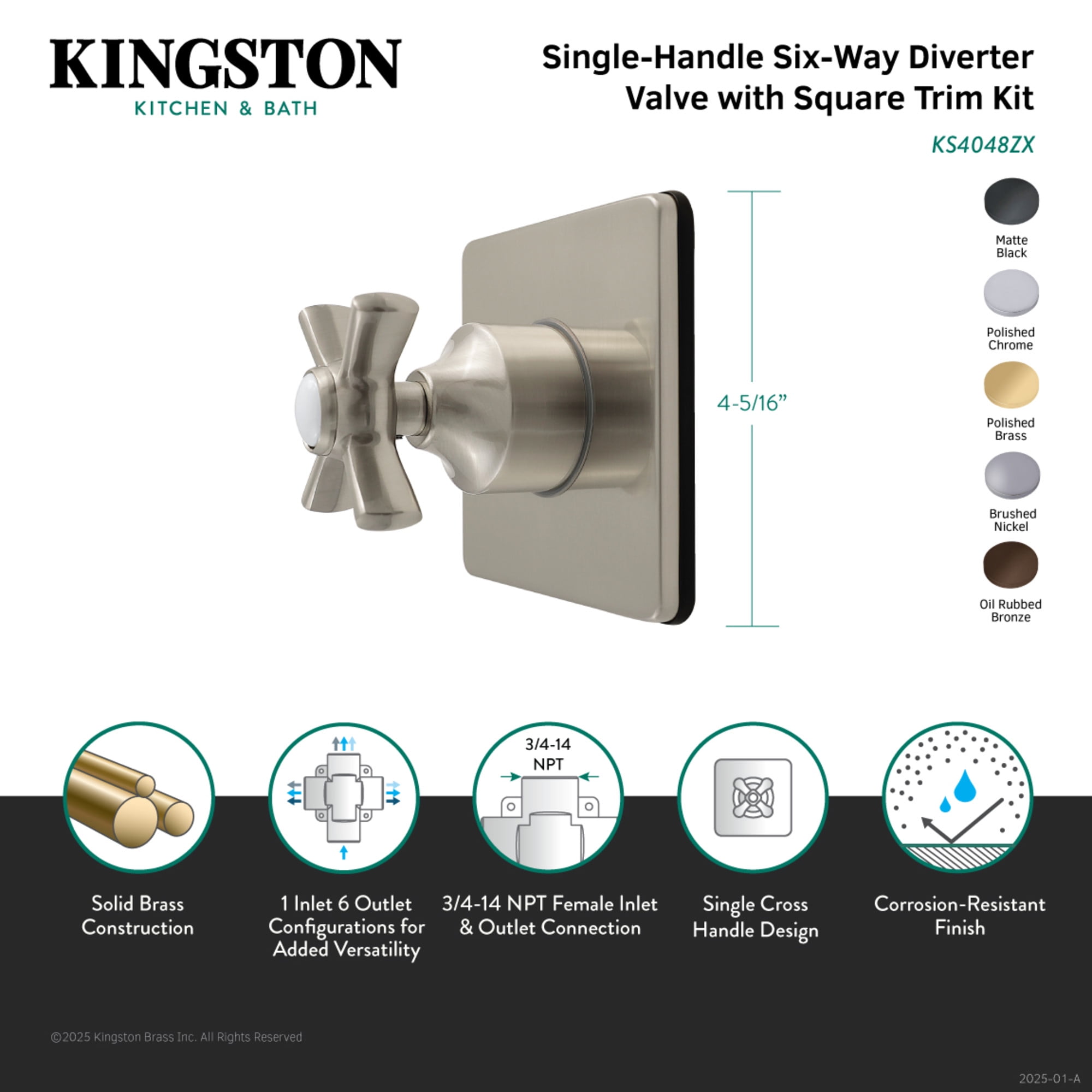 Kingston Brass KS4040ZX Millennium Single-Handle Six-Way Diverter Valve with Square Trim Kit, Matte Black