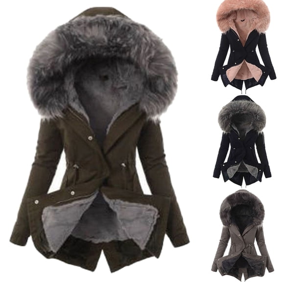 Joernso Winter Warm Women Faux Fur Hooded Cotton Down Jacket Casual Outwear Long Overcoat