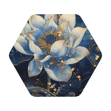 

Coaee Blue Golden Dream Lotus Print Leather Coasters Set of 6 Non-Slip Washable Cup Coasters for Home Office Bar Hexagon