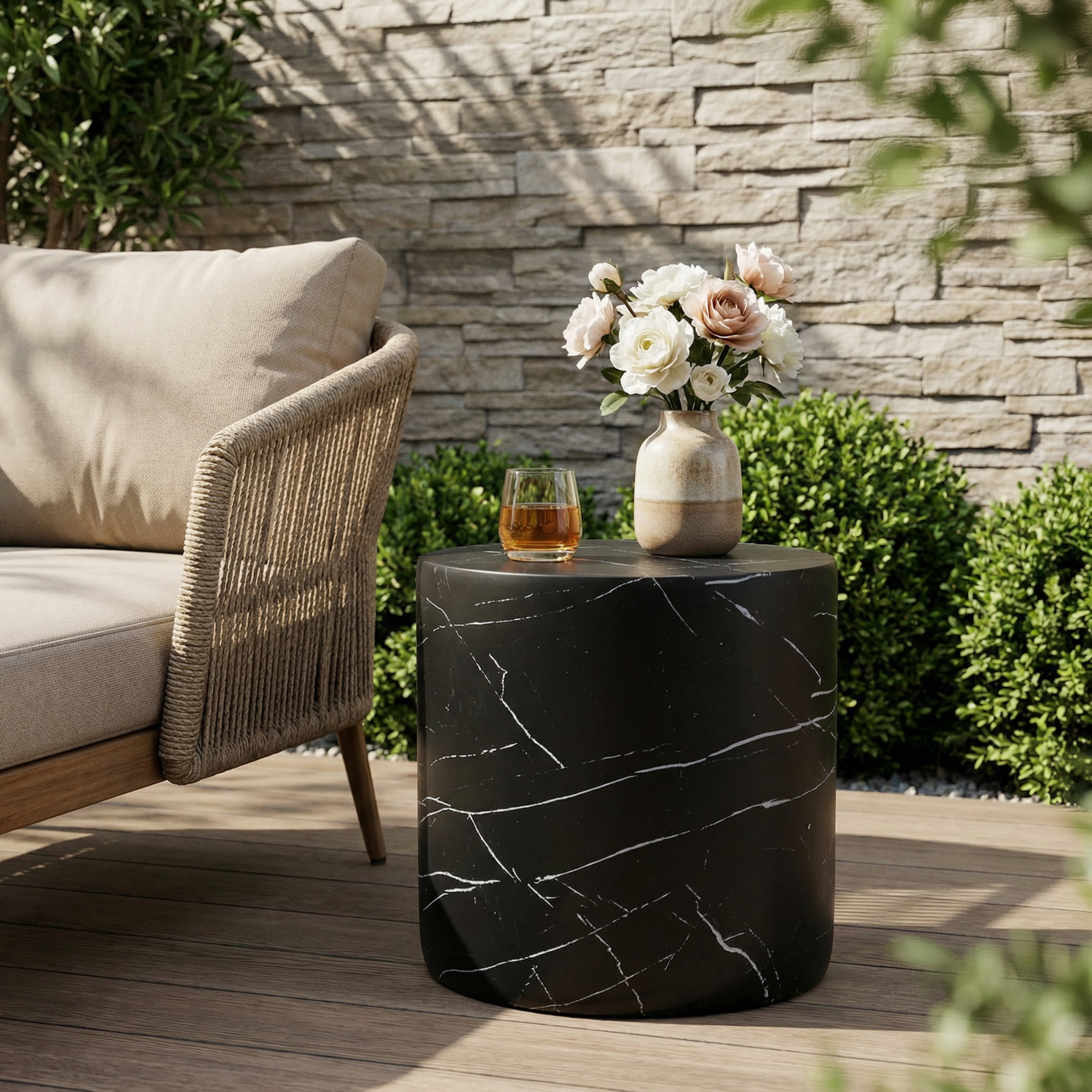 Side End Table, Outdoor Lightweight Concrete Table for Patio Balcony Garden, Black Marble