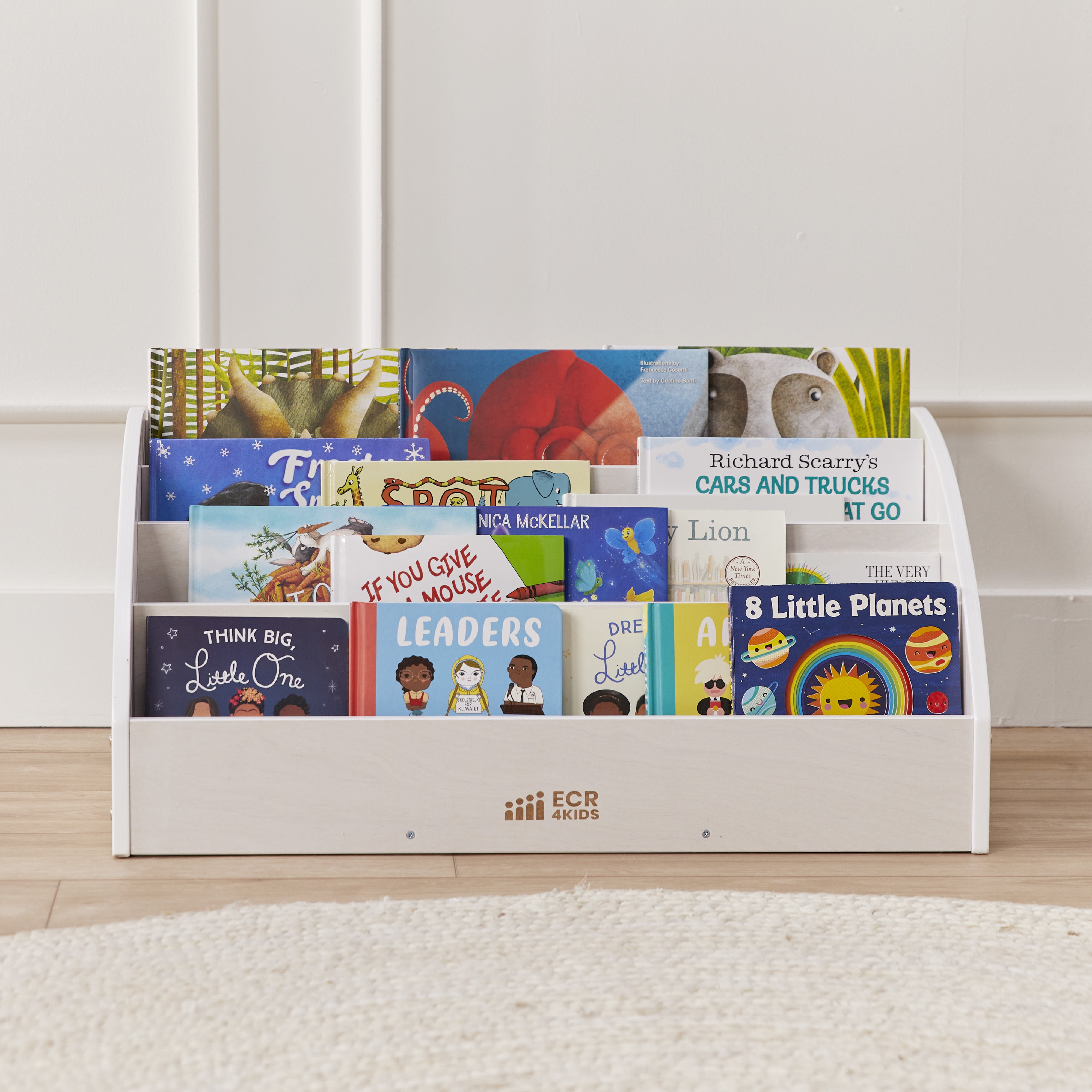 ECR4Kids Wooden Forward-Facing Toddler Book Display, Beginner Bookshelf, White Wash