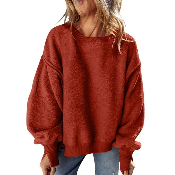 Round Neck Pullover for Women Loose Lambswool Casual Versatile Long Sleeve Top Fall Winter Sweatshirt Red M