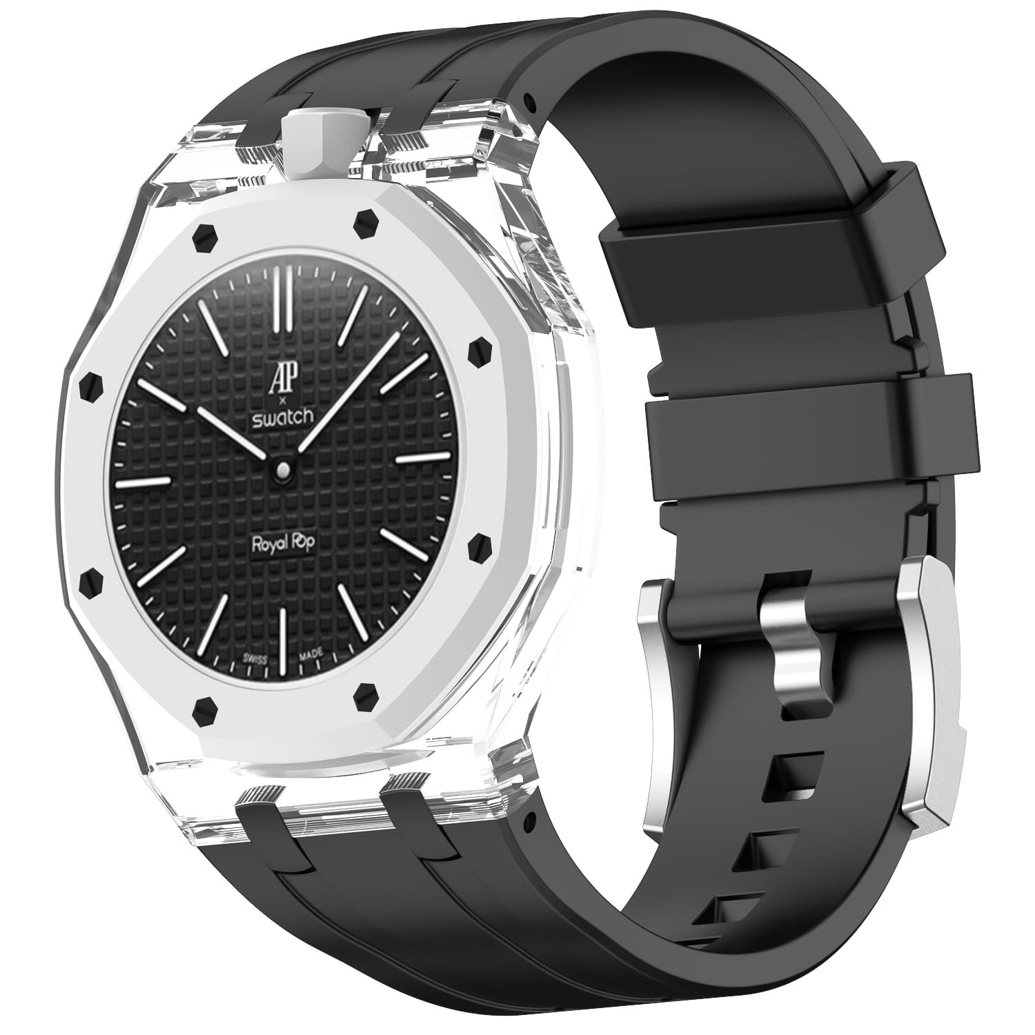 VeveXiao Rugged Case Band Compatible with Swatch Royal Pop Watch Band, Sports Silicone Strap with Shockproof Frame Bumper Transparent Case for Men Women Strap