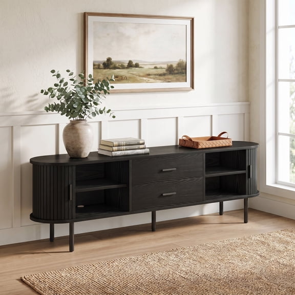 Fnova 71 Inch TV Stand with 2 Drawers and 4 Open Shelves, Oval Media Console for TVs up to 75 Inch, Modern Entertainment Center with Metal Legs for Living Room Bedroom