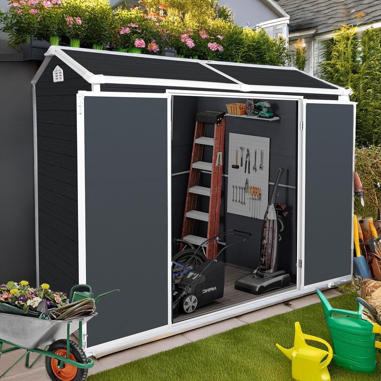 8x4 FT Resin Shed with Floor Included, Plastic Sheds & Outdoor Storage Clearance with 2 Windows and Lockable Door for Backyard, Bike, Garden Tools (Black)