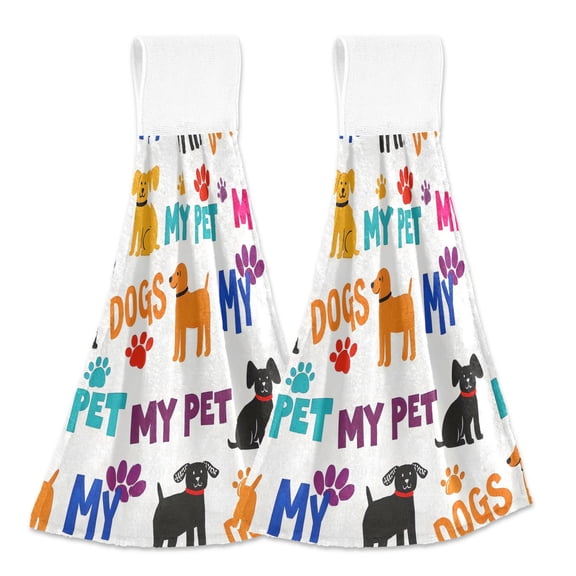 2 Pcs Kitchen Hand Towels with Hanging Loops Absorbent Soft Fast Drying Decor Bath Towels Dogs and Paw