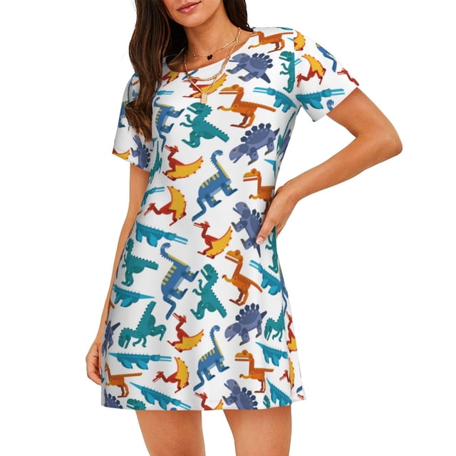Fotbe Block Dinosaur Bata de Dormir para Mujer con Estampado, Camisón de Algodón de Manga Corta, Ropa de Dormir Casual