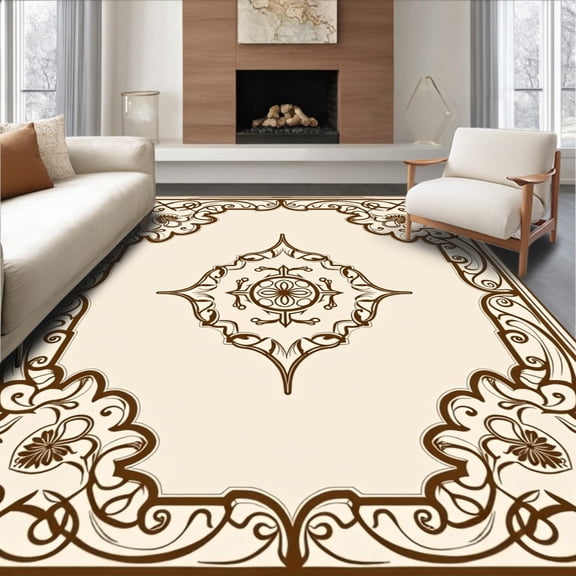 ODIKA 4'x6' Machine Washable Non-Slip Area Rug, Traditional Ornate Lattice Trellis Scrollwork Fretwork High Traffic Rug, Brown, 478593