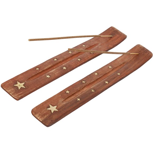 Tuzech Wood Incense Stick Holder Wooden Incense Burner Ash Catcher Incense Holder for Sticks with Inlays of Brass Assorted Styles Simple and Elegant Home Decoration 10 Inches Long (Set of 2)
