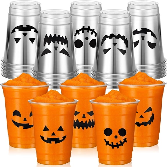 25 count Halloween Disposable Plastic Cups 12 oz Clear Plastic Cups Pumpkin Disposable Tumbler with 5 Styles Patterns for Coffee Cold Drinks Halloween Party Favors Supplies