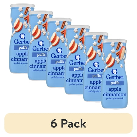 (6 pack) Gerber Snacks for Baby Grain & Grow Puffs, Apple Cinnamon, 1.48 oz Canister