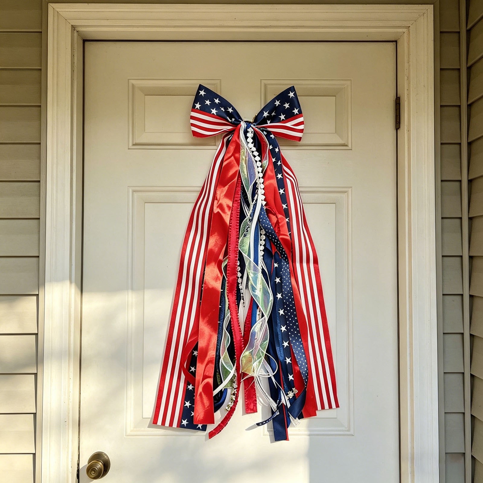 Red White Blue Patriotic Wreath Sash for Front Door, Assorted Ribbon Bundle with Star Charm, 4th of July Clip On Bow for Memorial Day Independence Day Decor Indoor Outdoor 2 Pcs