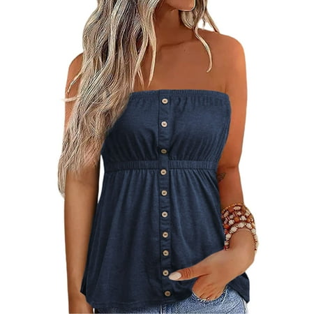 

nsendm Women Summer Casual Wrap Top Solid Color Button Decoration Solid Color Wrap Top Bra Camisole Vest Navy X-Large