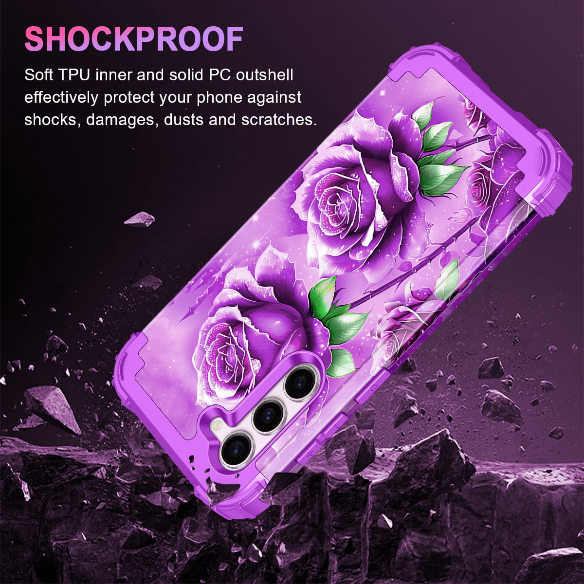 Casetego for Samsung Galaxy S23 5G Case,Glow in The Dark Three Layer Heavy Duty Shockproof Protection Hard Plastic Bumper+Soft Silicone Protective Case,Amaranth Purple
