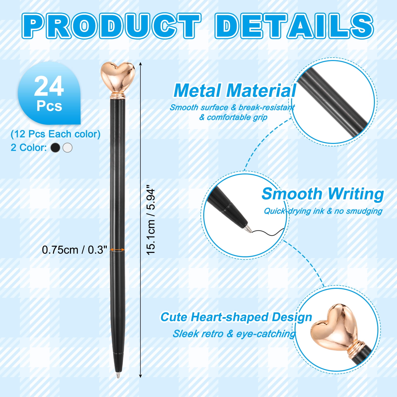 Uxcell Heart Pens 1.0 mm Black Ink, 24 Pcs Metal Cute Pens Heart Ballpoint Retractable for Women Wedding Office Party, White/Black/Rose Gold