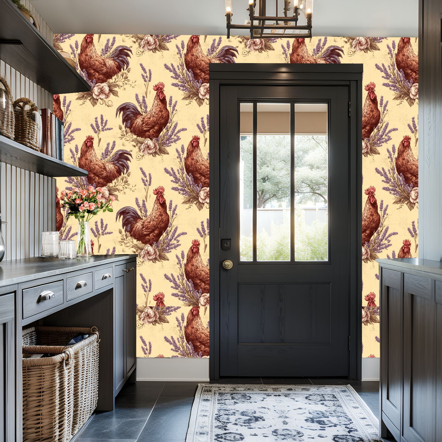 Peel and Stick Wallpaper 17.7in x 9.8ft Rustic Farmhouse Rooster Floral Seamless Warm Vintage Tones Contact Paper Vinyl Waterproof Self Adhesive Wall Paper for Bedroom Shelf Cabinet Renter Friendly