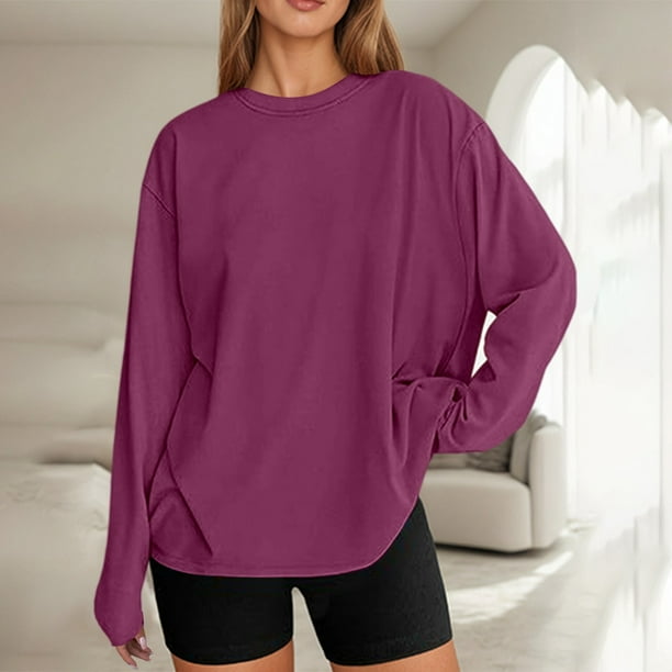 MHFRRA Camiseta de Manga Larga Oversize de Moda, Informal, Básica, con Cuello Redondo, para Uso Diario. Púrpura
