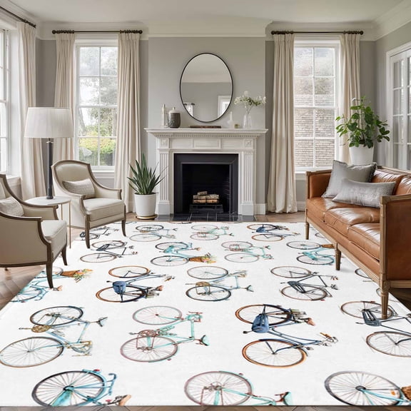 Area Rug for Living Room, Bicycles Non-Slip Indoor Large Carpet for Bedroom/Dining Room, White Vintage Vehicle Modern Abstract Art Washable Low-Profile Rectangle Floor Runner Rugs - 6 x 9 Ft