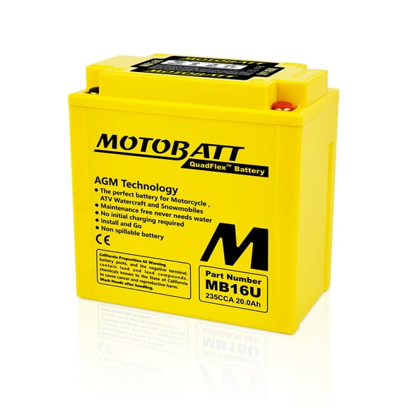Motobatt MB16U 12V 250 CCA 20AH AGM Battery REPLACES - YB16BA/BA1/BA2