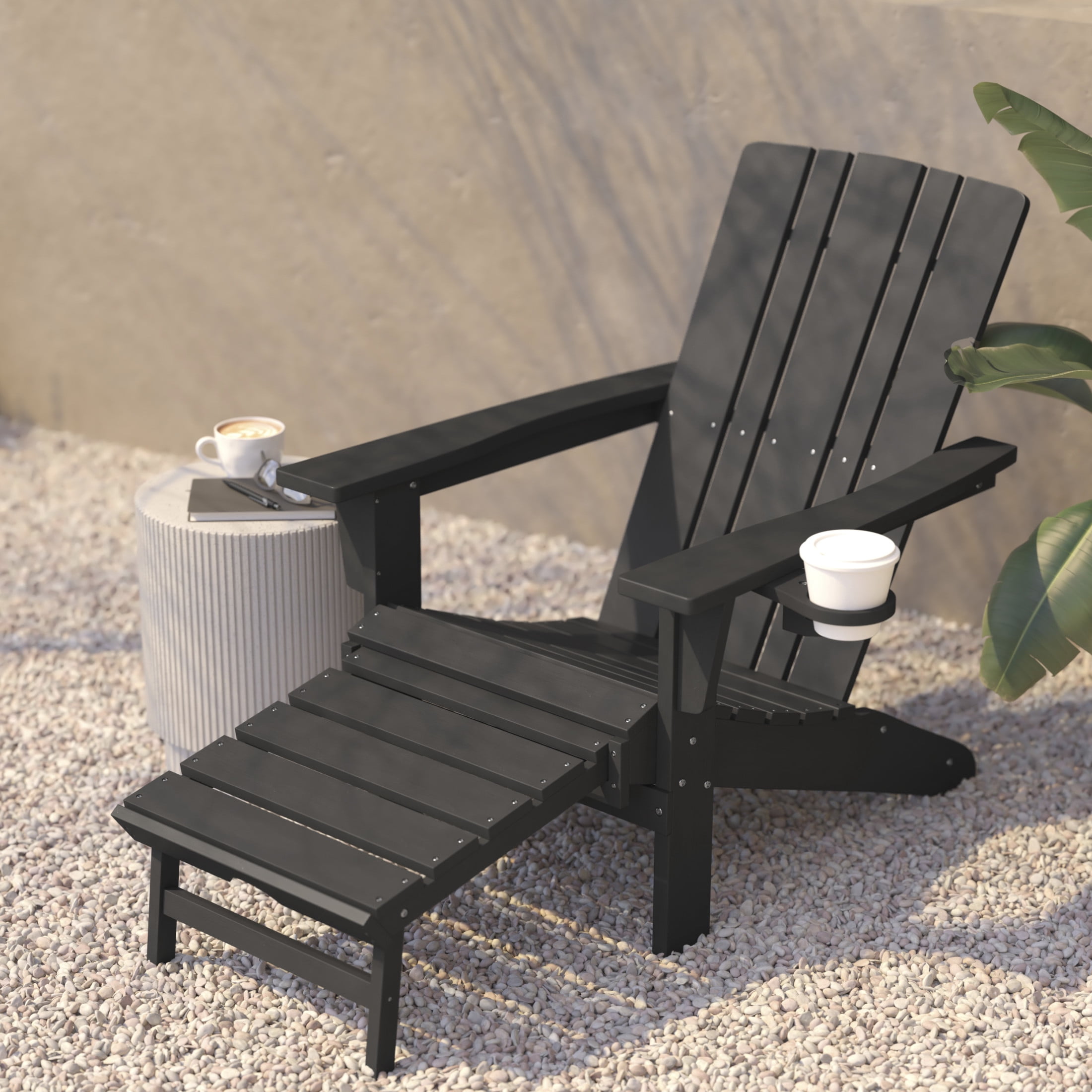 Flash Furniture Halifax HDPE Adirondack Chair with Cup Holder and Pull Out Ottoman, All-Weather HDPE Indoor/Outdoor Lounge Chair in Gray