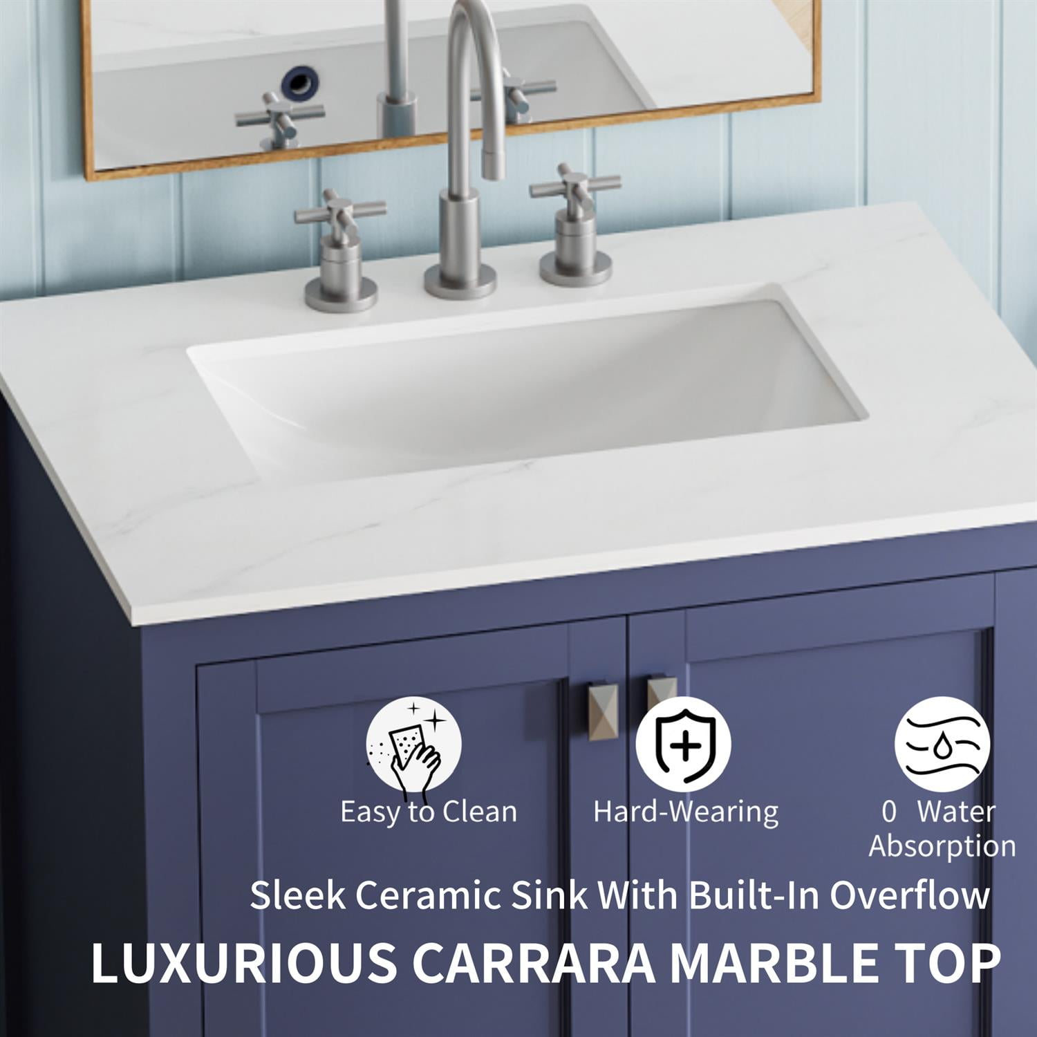 Demi Bonn 30" Freestanding Bathroom Vanity with Sink, Carrara Engineered Marble Vanity Top, Soft-Close Door, Under-mounted Rectangular Ceramic Sink, Blue