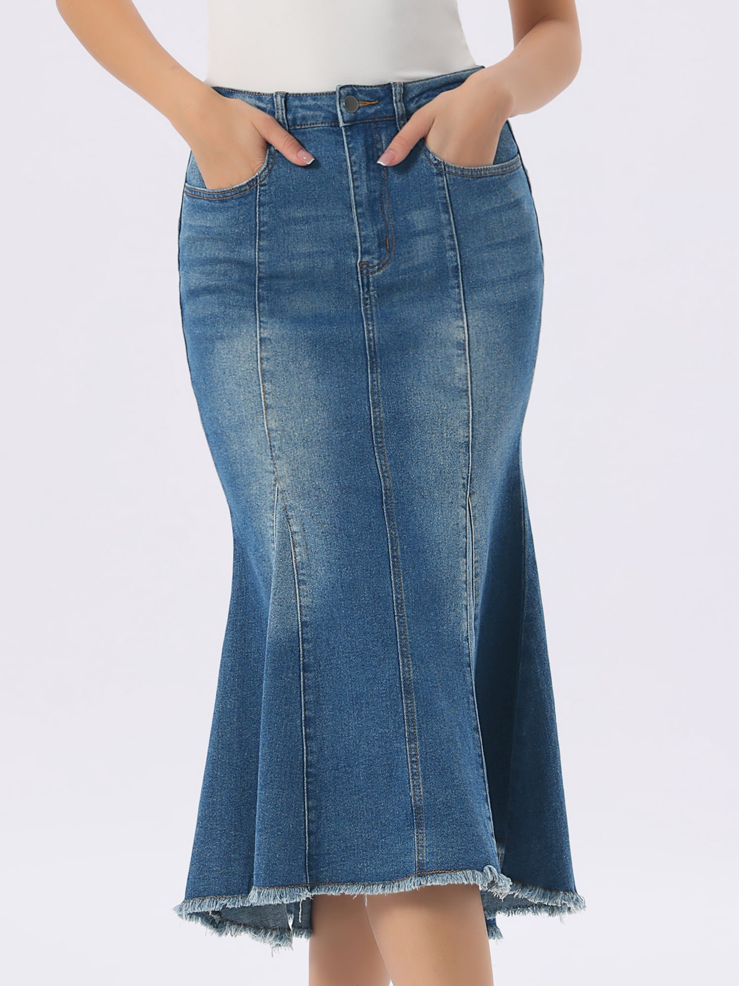 DARING DIVA Women's Raw Hem Fishtail Midi Skirt with Pockets Large Dark Blue