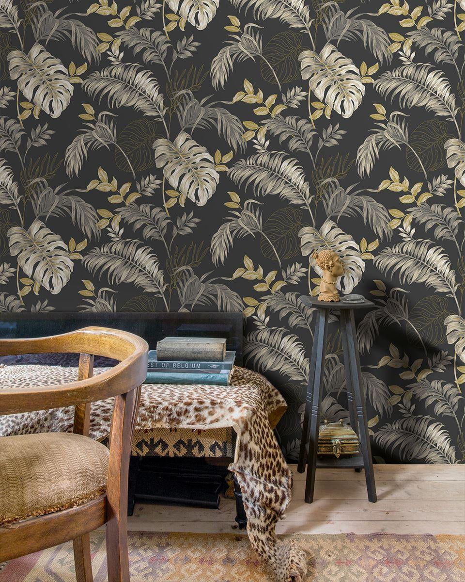 Black Tropical Leaves Botanical Printed Non Woven Non-Pasted Textured Wallpaper 57 Sq. Ft.