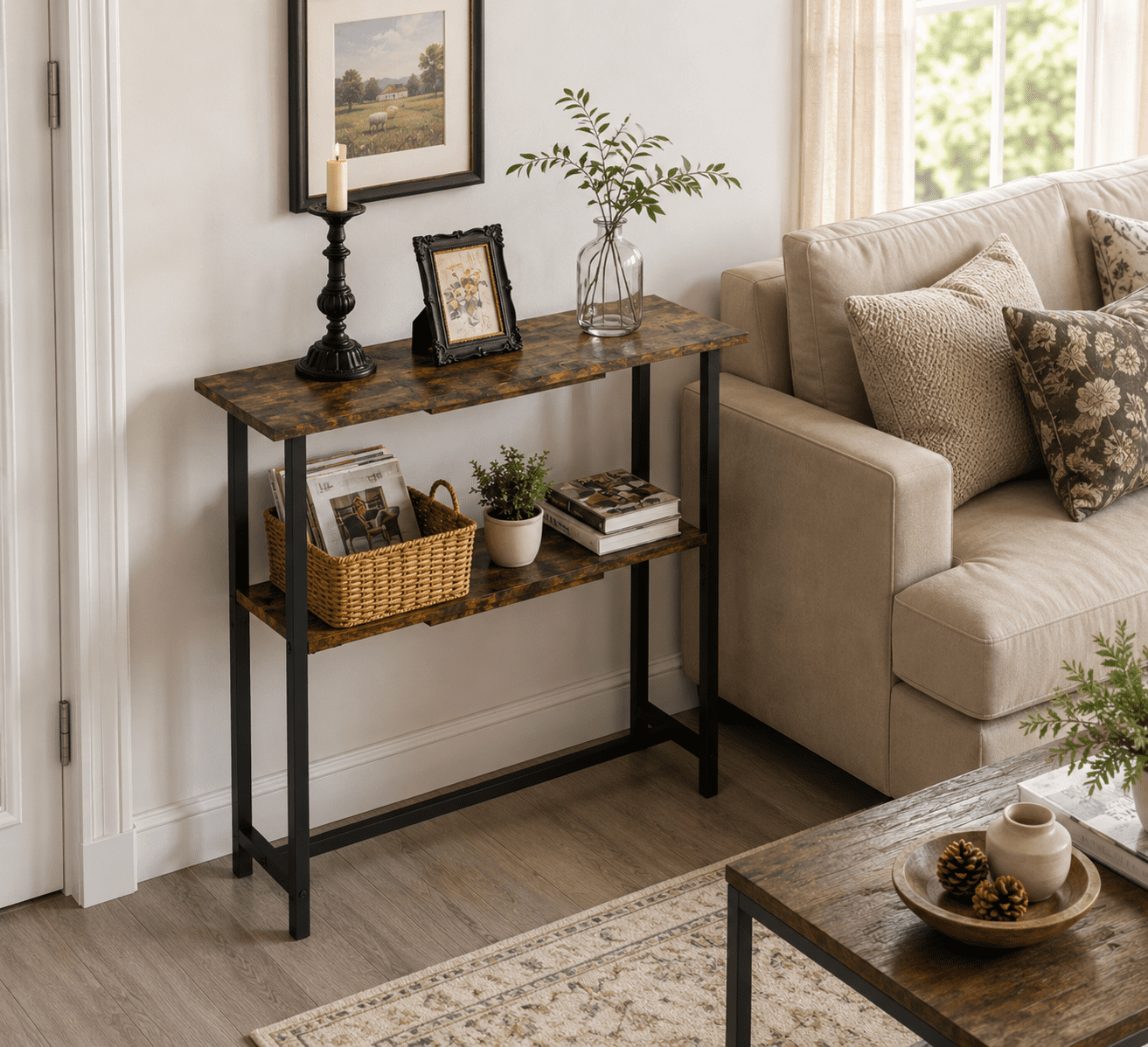 Manora Farmhouse Console Table, 2-Tier Console Table, Narrow Sofa Table with Adjustable Feet for Entryway, Living Room, Rustic Brown